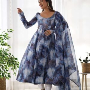 Womens Crunchy Silk Anarkali Kurti with Pant & Dupatta Set